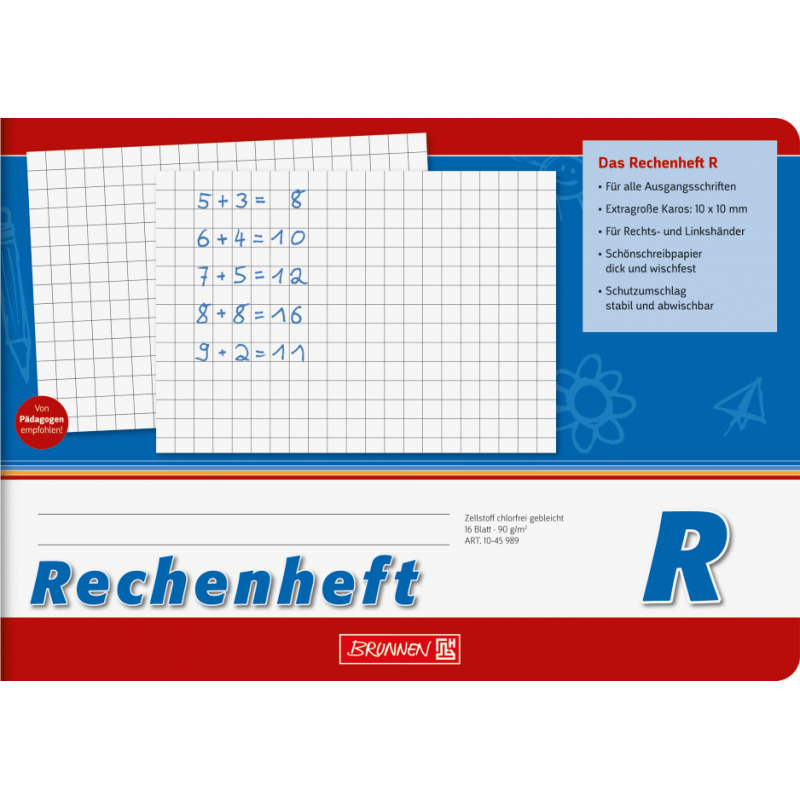Rechenheft DIN A5 quer · Lineatur R · Extragroße Kästchen (10 x 10 mm) · 16 Blatt · 90 g/m² Premiumpapier Rechenheft DIN A5 quer · Lineatur R · Extragroße Kästchen (10 x 10 mm) · 16 Blatt · 90 g/m² Premiumpapier