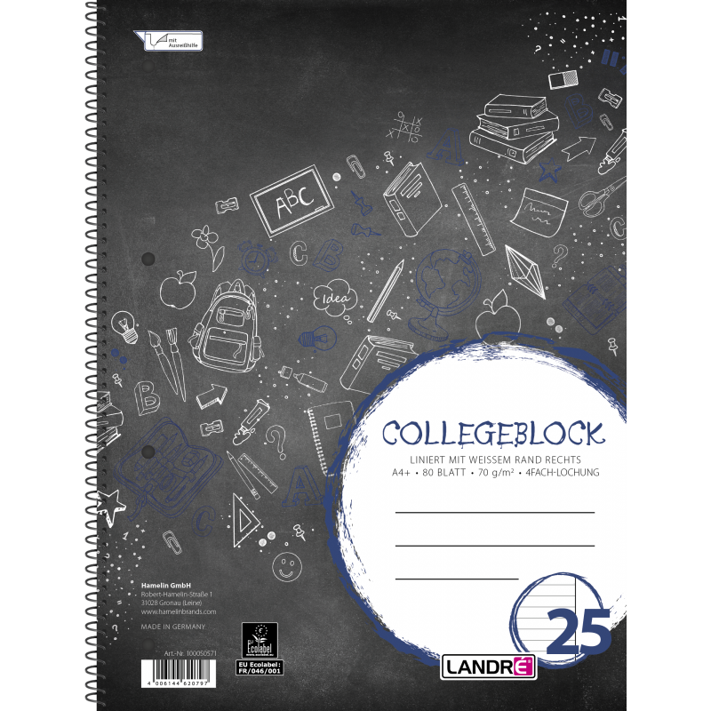 LANDRÉ Collegeblock · A4 · 80 Blatt · Lineatur 25 · liniert · weißer Rand außen LANDRÉ Collegeblock · A4 · 80 Blatt · Lineatur 25 · liniert · weißer Rand außen