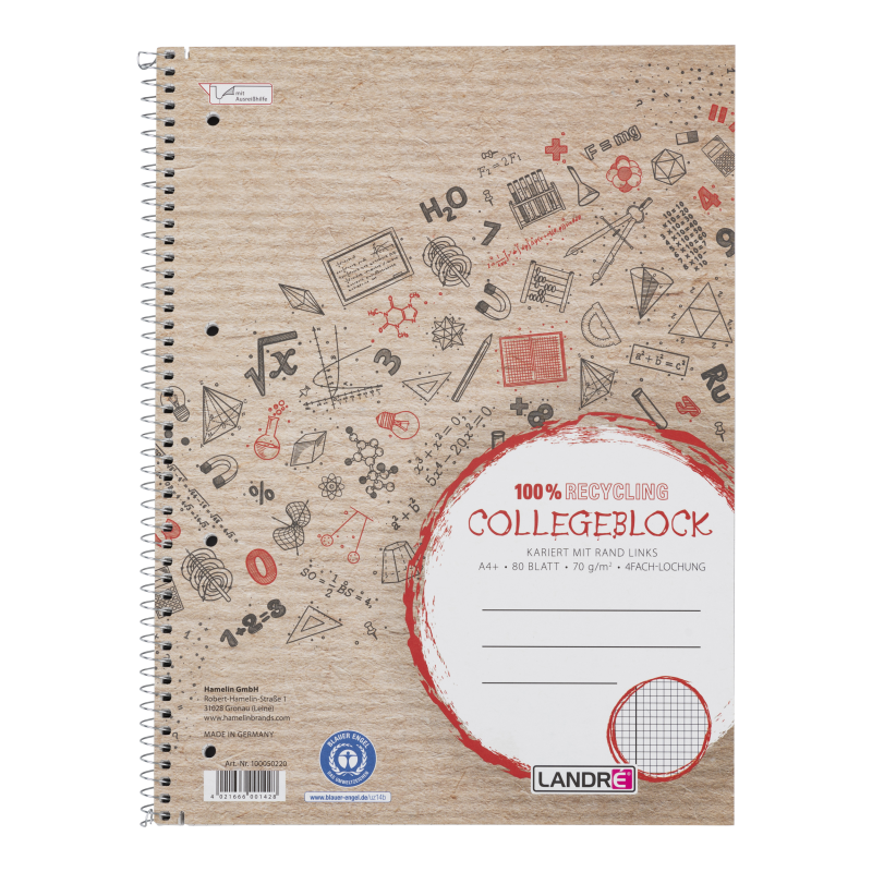 LANDRÉ Recycling-Collegeblock · A4 · 80 Blatt · Lineatur 22 · kariert · ohne Rand LANDRÉ Recycling-Collegeblock · A4 · 80 Blatt · Lineatur 22 · kariert · ohne Rand