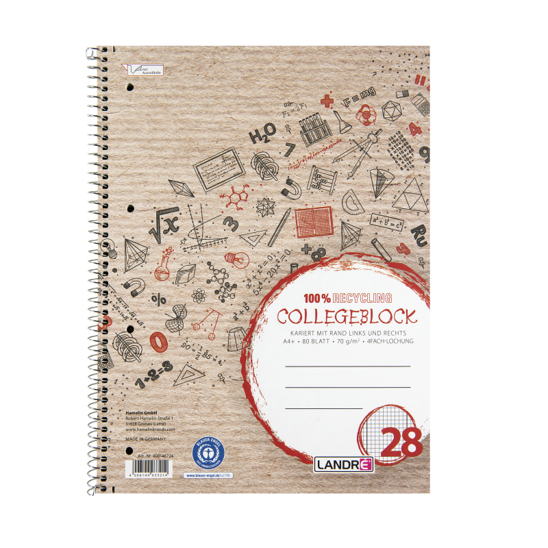 LANDRÉ Recycling-Collegeblock · A4 · 80 Blatt · Lineatur 28 · kariert · Doppelrand LANDRÉ Recycling-Collegeblock · A4 · 80 Blatt · Lineatur 28 · kariert · Doppelrand